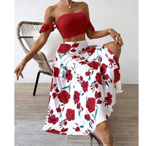 Boho Floral Print Ruffle Sleeve Crop Top Maxi Skirt set - Picture 5 of 10